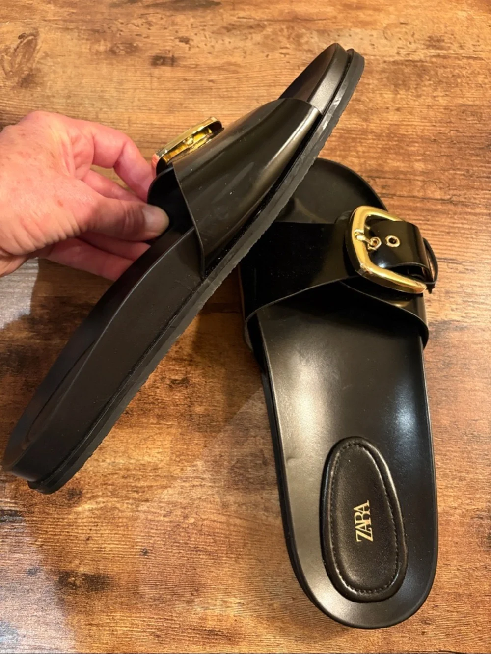 Zara Black Slide Sandals with Gold Buckles - Picture 7 of 9